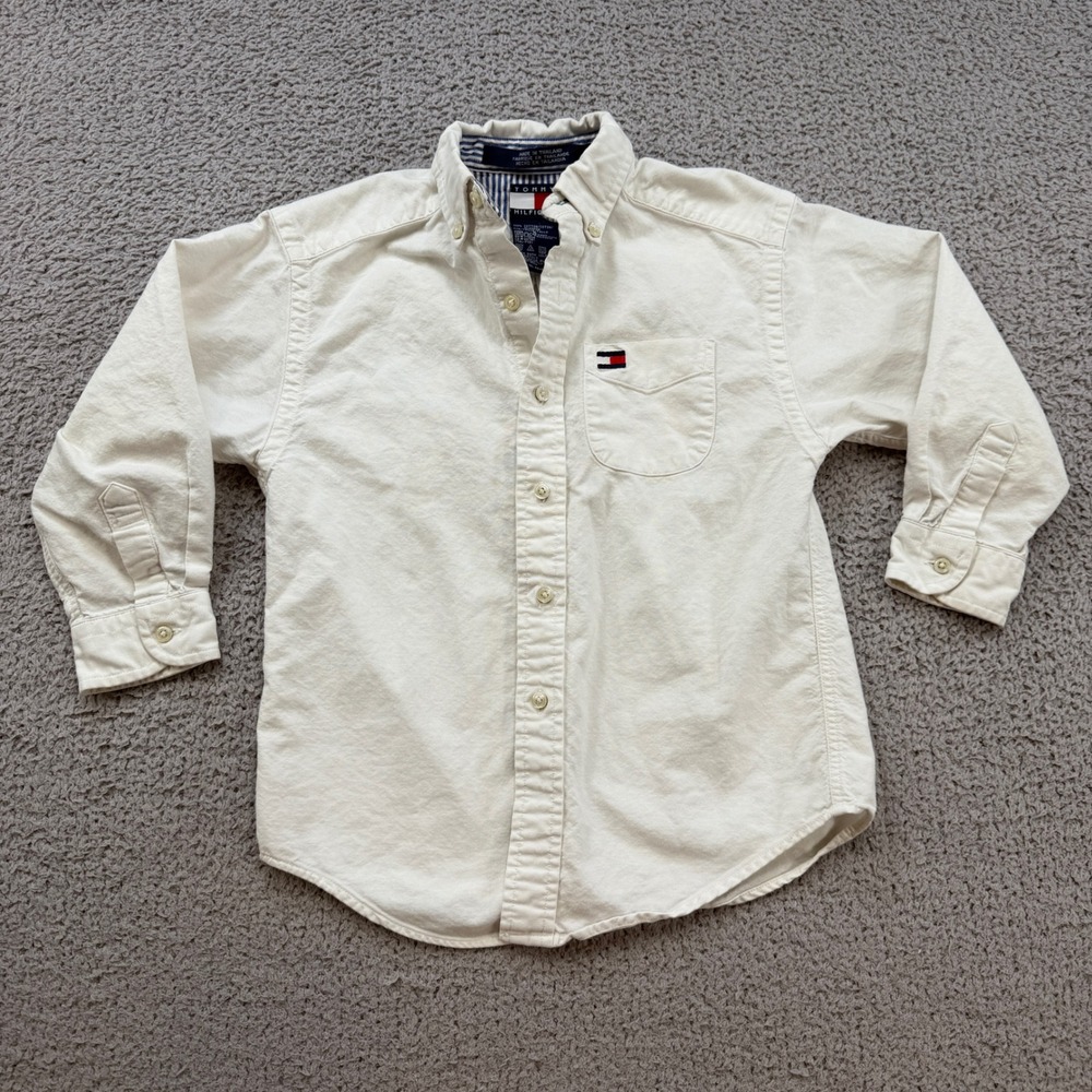 Tommy Hilfiger Boys Cream Long Sleeve Oxford Button Down Shirt Size 5 Flag Logo